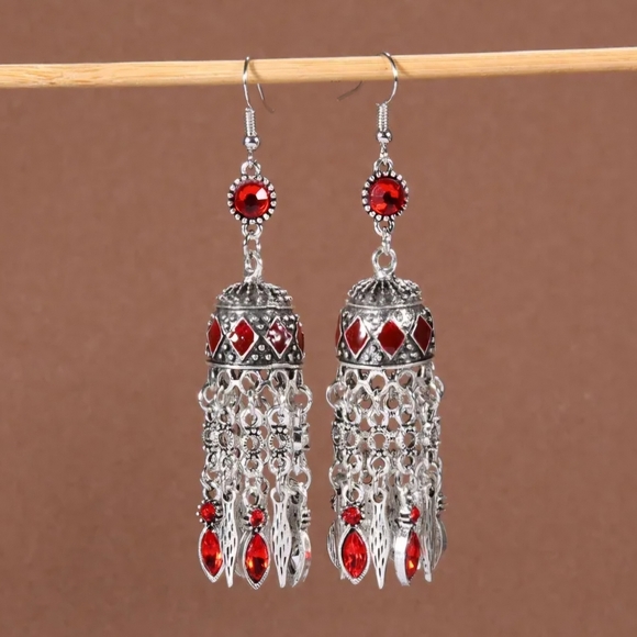 Fashion Jewelry Jewelry - Jhumkas Earrings Red Rhinestones and Silver Drop Earrings